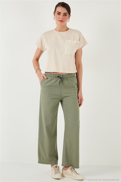 Pamuklu Relaxed Fit Yüksek Bel Geniş Paça Kadın Pantolon 668YP5275 HAKİ