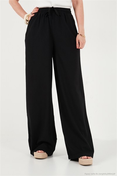 Pamuklu Relaxed Fit Yüksek Bel Geniş Paça Kadın Pantolon 668YP5559 SİYAH