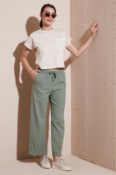 Pamuklu Relaxed Fit Yüksek Bel Geniş Paça Kadın Pantolon 668YP5275 HAKİ
