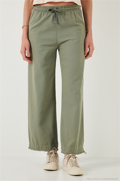 Pamuklu Relaxed Fit Yüksek Bel Geniş Paça Kadın Pantolon 668YP5275 HAKİ