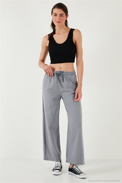 Pamuklu Relaxed Fit Yüksek Bel Geniş Paça Kadın Pantolon 668YP5275 GRİ