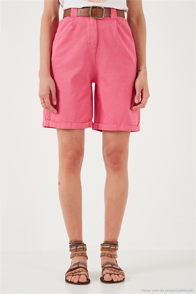 Pamuklu Relaxed Fit Yüksel Bel Kemerli Gabardin Short Kadın Şort 668YP4710 FUŞYA