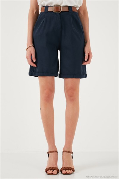 Pamuklu Relaxed Fit Yüksel Bel Kemerli Gabardin Short Kadın Şort 668YP4710 LACİVERT
