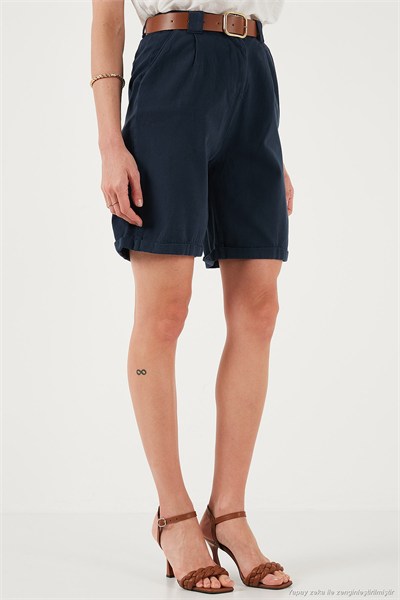 Pamuklu Relaxed Fit Yüksel Bel Kemerli Gabardin Short Kadın Şort 668YP4710 LACİVERT