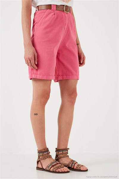 Pamuklu Relaxed Fit Yüksel Bel Kemerli Gabardin Short Kadın Şort 668YP4710 FUŞYA