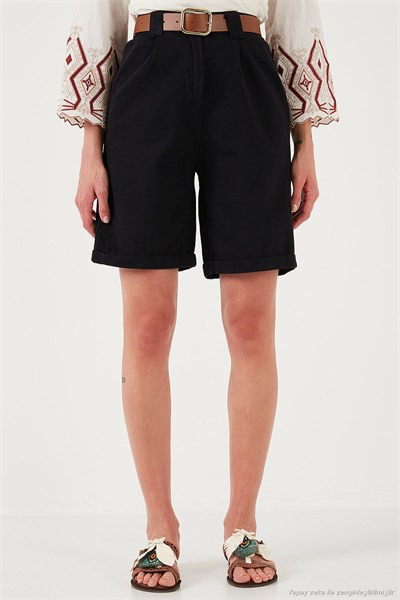 Pamuklu Relaxed Fit Yüksel Bel Kemerli Gabardin Short Kadın Şort 668YP4710 SİYAH