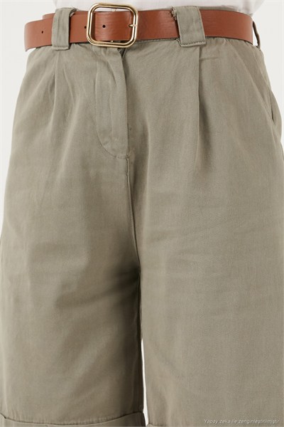 Pamuklu Relaxed Fit Yüksel Bel Kemerli Gabardin Short Kadın Şort 668YP4710 AÇIK HAKİ