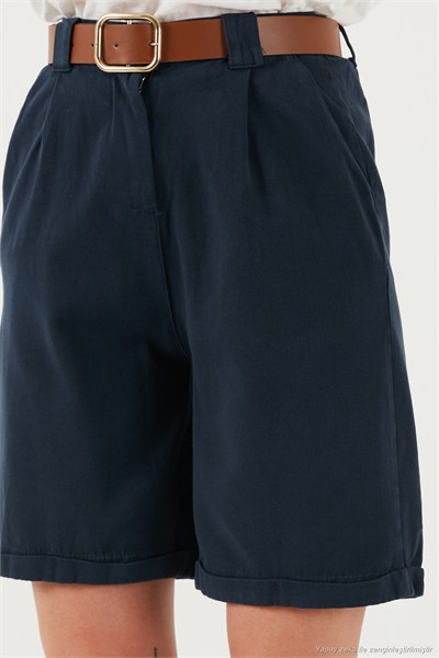 Pamuklu Relaxed Fit Yüksel Bel Kemerli Gabardin Short Kadın Şort 668YP4710 LACİVERT