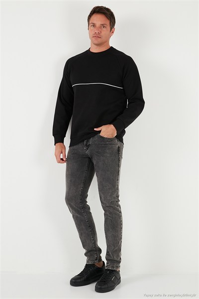 Pamuklu Şerit Detaylı Relaxed Fit Bisiklet Yaka Erkek Sweat 5901227 SİYAH