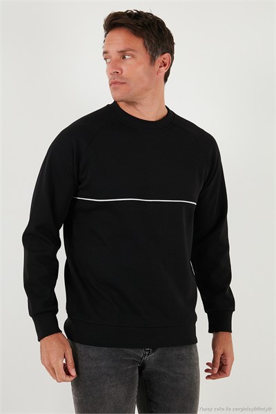 Pamuklu Şerit Detaylı Relaxed Fit Bisiklet Yaka Erkek Sweat 5901227 SİYAH