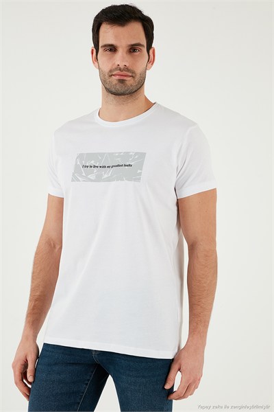 Pamuklu Slim Fit Bisiklet Yaka Baskılı Erkek T Shirt 541TOLIVE BEYAZ