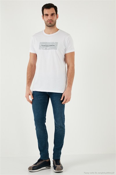 Pamuklu Slim Fit Bisiklet Yaka Baskılı Erkek T Shirt 541TOLIVE BEYAZ