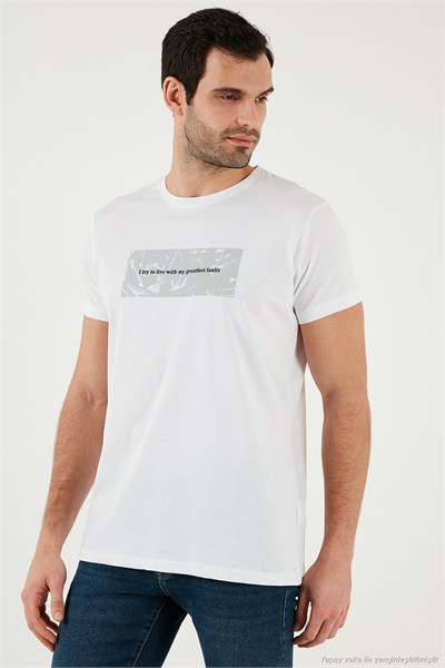 Pamuklu Slim Fit Bisiklet Yaka Baskılı Erkek T Shirt 541TOLIVE BEYAZ
