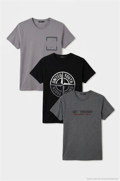 Pamuklu Slim Fit Bisiklet Yaka Baskılı 3lü Paket Erkek T Shirt 541S31 Antrasit-Siyah-Açık Gri