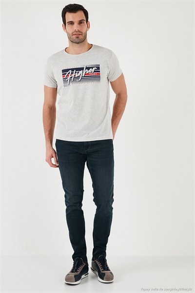 Pamuklu Slim Fit Bisiklet Yaka Baskılı Erkek T Shirt 541HIGHER AÇIK MELANJ