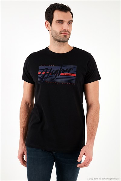 Pamuklu Slim Fit Bisiklet Yaka Baskılı Erkek T Shirt 541HIGHER SİYAH