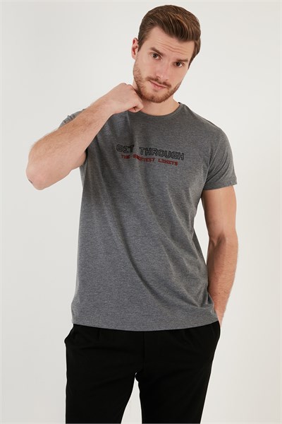 Pamuklu Slim Fit Bisiklet Yaka Baskılı 3lü Paket Erkek T Shirt 541S31 Antrasit-Siyah-Açık Gri