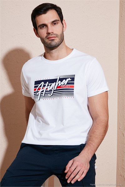 Pamuklu Slim Fit Bisiklet Yaka Baskılı Erkek T Shirt 541HIGHER BEYAZ