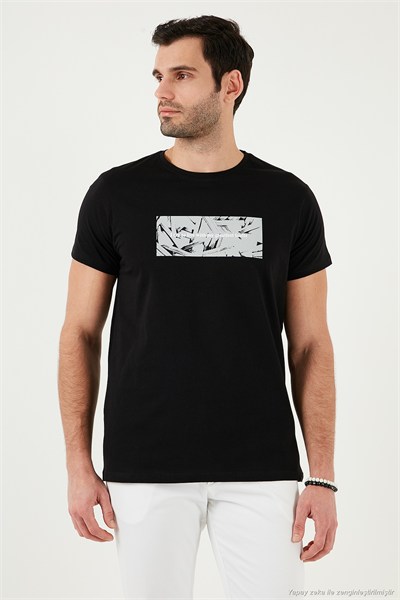 Pamuklu Slim Fit Bisiklet Yaka Baskılı Erkek T Shirt 541TOLIVE SİYAH
