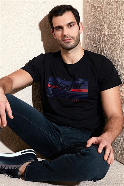 Pamuklu Slim Fit Bisiklet Yaka Baskılı Erkek T Shirt 541HIGHER SİYAH