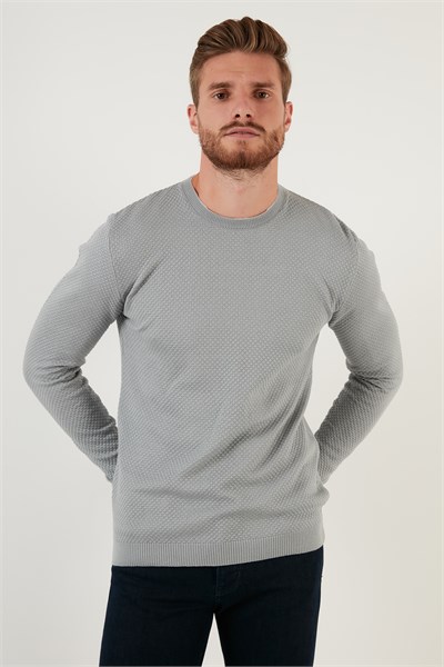 Pamuklu Slim Fit Bisiklet Yaka Erkek Kazak 6353401 AÇIK GRİ
