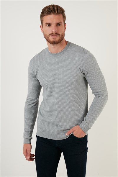 Pamuklu Slim Fit Bisiklet Yaka Erkek Kazak 6353401 AÇIK GRİ