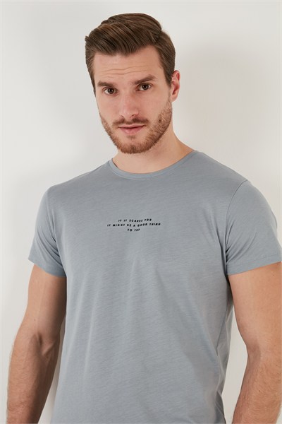Pamuklu Slim Fit Bisiklet Yaka Erkek T Shirt 541IFIT AÇIK GRİ