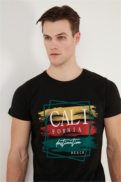 Pamuklu Slim Fit Bisiklet Yaka Erkek T Shirt 541CALIFORNIA24 SİYAH