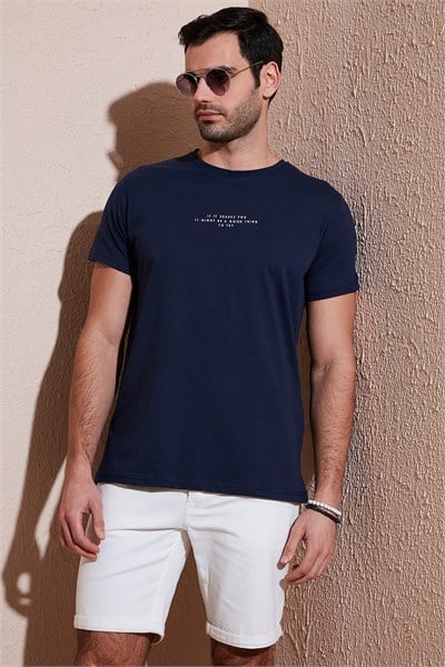 Pamuklu Slim Fit Bisiklet Yaka Erkek T Shirt 541IFIT LACİVERT