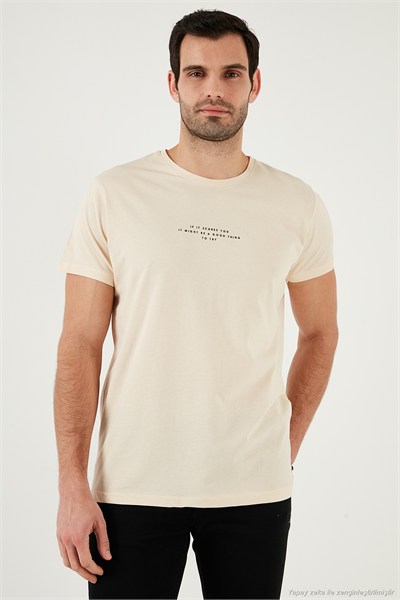 Pamuklu Slim Fit Bisiklet Yaka Erkek T Shirt 541IFIT BEJ