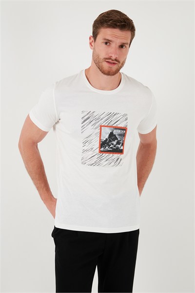 Pamuklu Slim Fit Bisiklet Yaka Erkek T Shirt 646R8320 EKRU