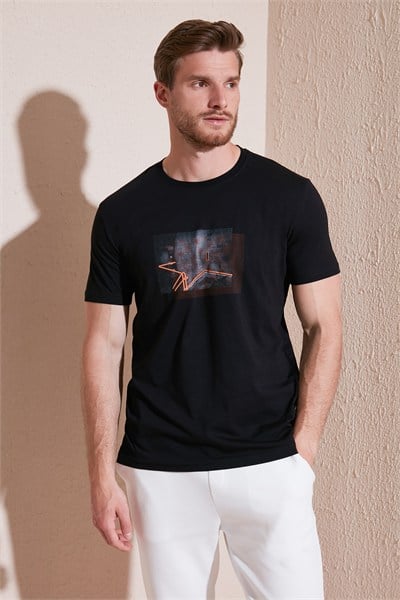 Pamuklu Slim Fit Bisiklet Yaka Erkek T Shirt 646R8120 SİYAH