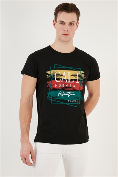 Pamuklu Slim Fit Bisiklet Yaka Erkek T Shirt 541CALIFORNIA24 SİYAH