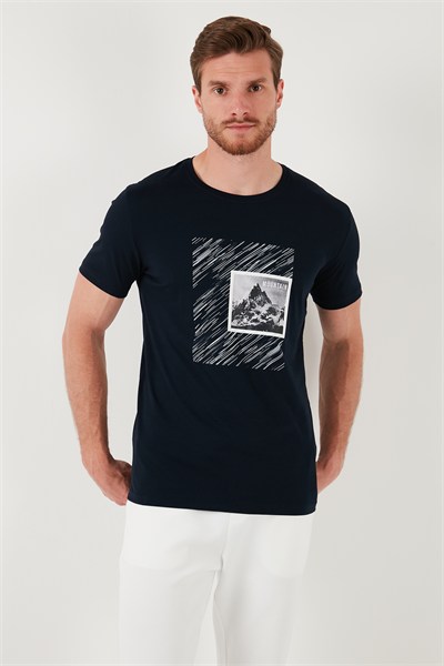 Pamuklu Slim Fit Bisiklet Yaka Erkek T Shirt 646R8320 LACİVERT