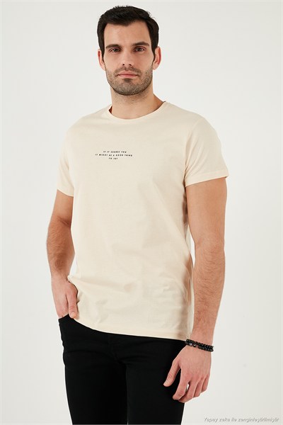 Pamuklu Slim Fit Bisiklet Yaka Erkek T Shirt 541IFIT BEJ