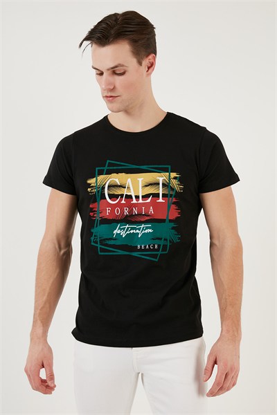 Pamuklu Slim Fit Bisiklet Yaka Erkek T Shirt 541CALIFORNIA24 SİYAH