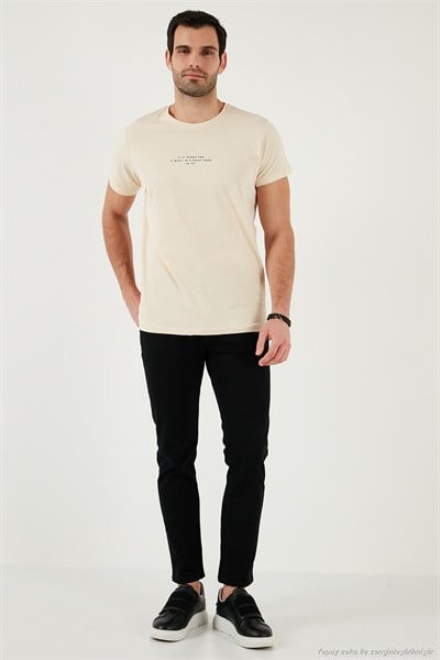 Pamuklu Slim Fit Bisiklet Yaka Erkek T Shirt 541IFIT BEJ