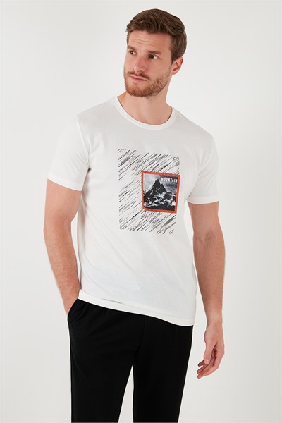 Pamuklu Slim Fit Bisiklet Yaka Erkek T Shirt 646R8320 EKRU