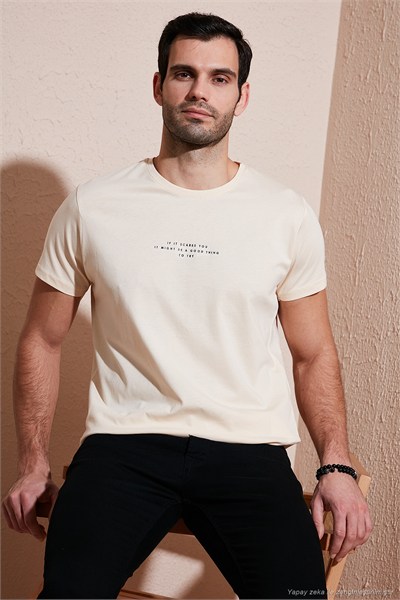 Pamuklu Slim Fit Bisiklet Yaka Erkek T Shirt 541IFIT BEJ
