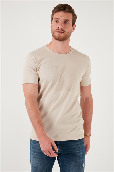 Pamuklu Slim Fit Bisiklet Yaka Erkek T Shirt 646R7940 BEJ