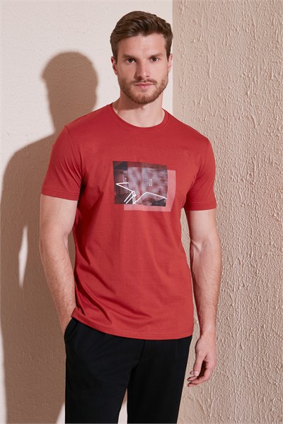 Pamuklu Slim Fit Bisiklet Yaka Erkek T Shirt 646R8120 Tarçın