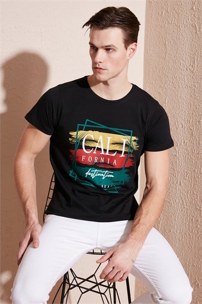 Pamuklu Slim Fit Bisiklet Yaka Erkek T Shirt 541CALIFORNIA24 SİYAH