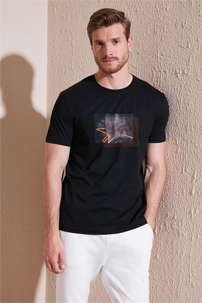 Pamuklu Slim Fit Bisiklet Yaka Erkek T Shirt 646R8120 SİYAH