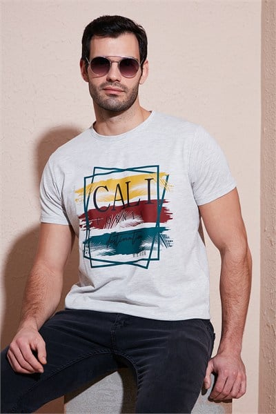 Pamuklu Slim Fit Bisiklet Yaka Erkek T Shirt 541CALIFORNIA24 AÇIK MELANJ