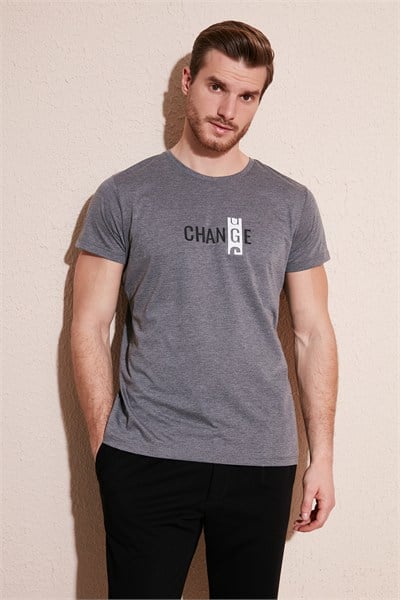 Pamuklu Slim Fit Bisiklet Yaka Erkek T Shirt 541CHANGE24 ANTRASİT