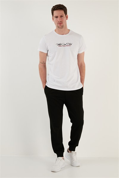 Pamuklu Slim Fit Bisiklet Yaka Yazılı Erkek T Shirt 541ENJOY BEYAZ