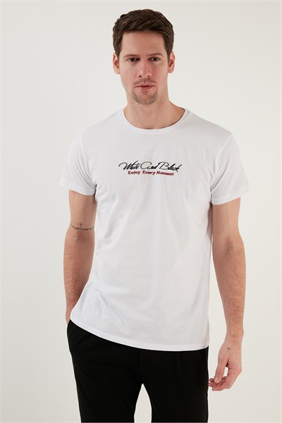 Pamuklu Slim Fit Bisiklet Yaka Yazılı Erkek T Shirt 541ENJOY BEYAZ