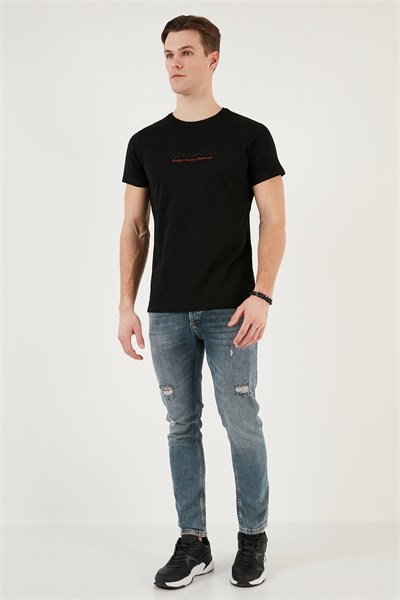 Pamuklu Slim Fit Bisiklet Yaka Yazılı Erkek T Shirt 541ENJOY SİYAH
