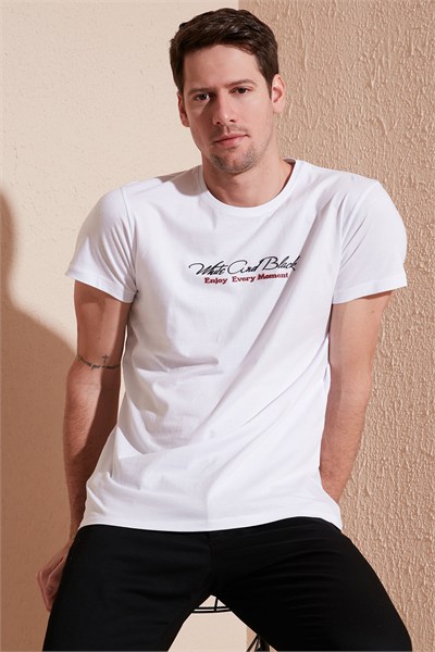 Pamuklu Slim Fit Bisiklet Yaka Yazılı Erkek T Shirt 541ENJOY BEYAZ