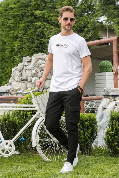 Pamuklu Slim Fit Bisiklet Yaka Yazılı Erkek T Shirt 541ENJOY BEYAZ